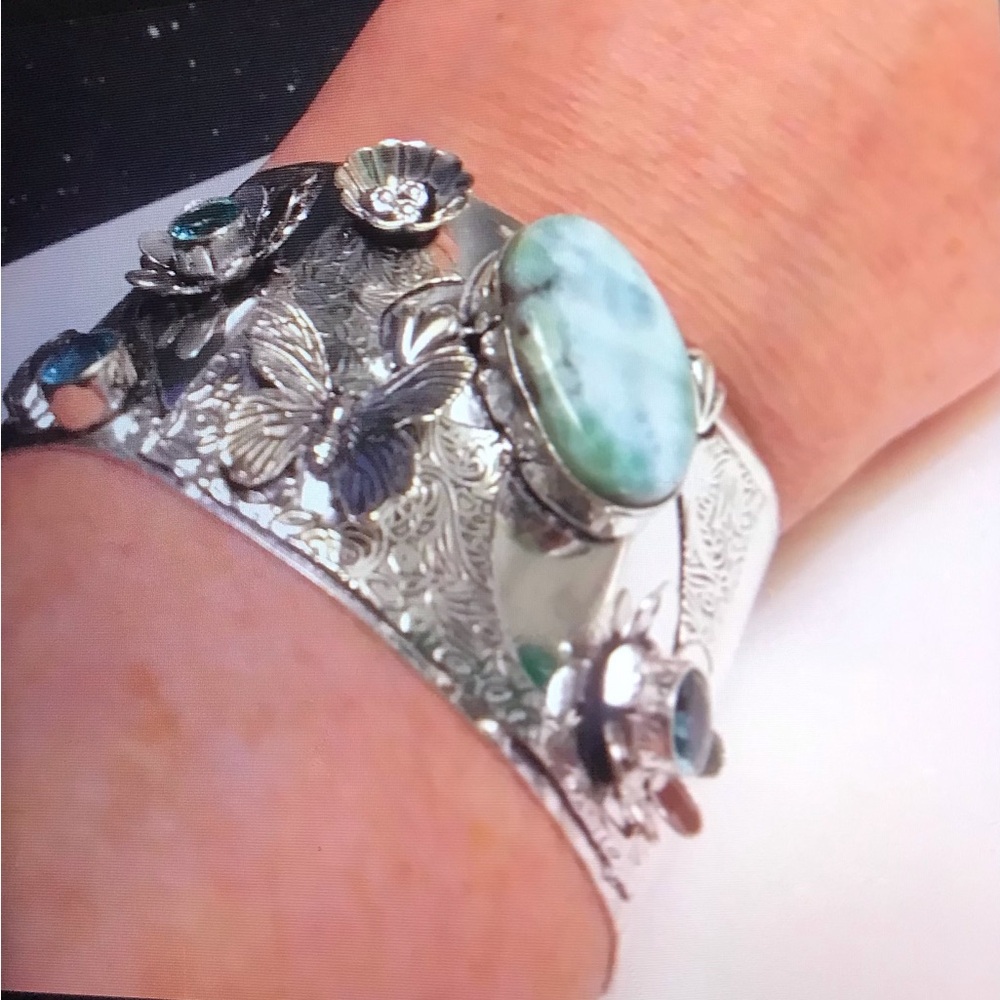 Larimar Blue Topaz Stamped 925 Sterling Silver Cuff Bracelet
